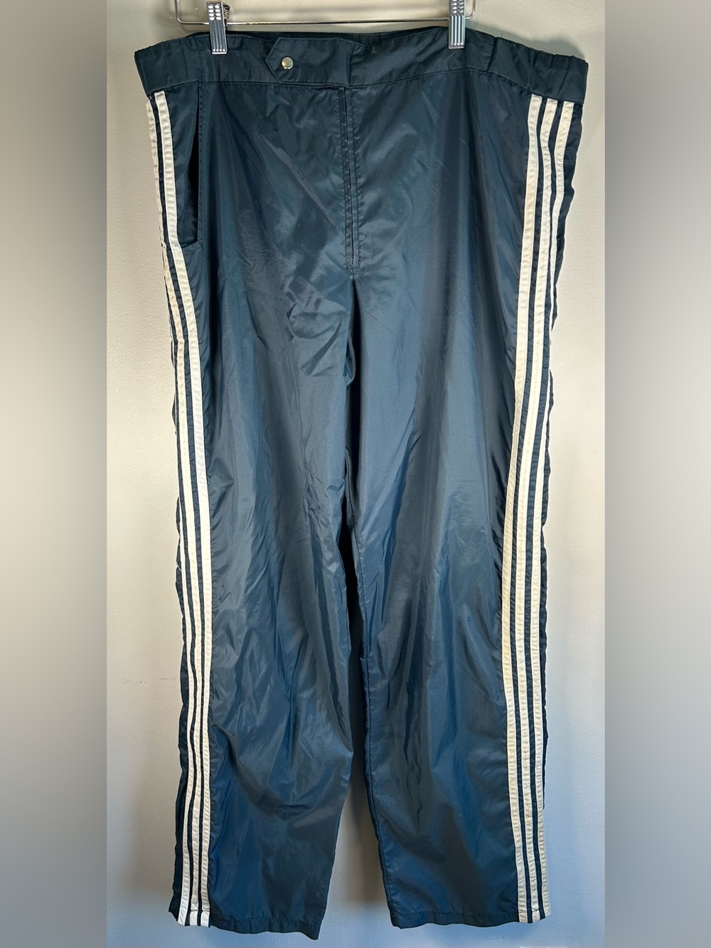 Vintage Adidas Originals Men’s Track Pants Blue Nylon Tapered 3 Stripes Zip Legs